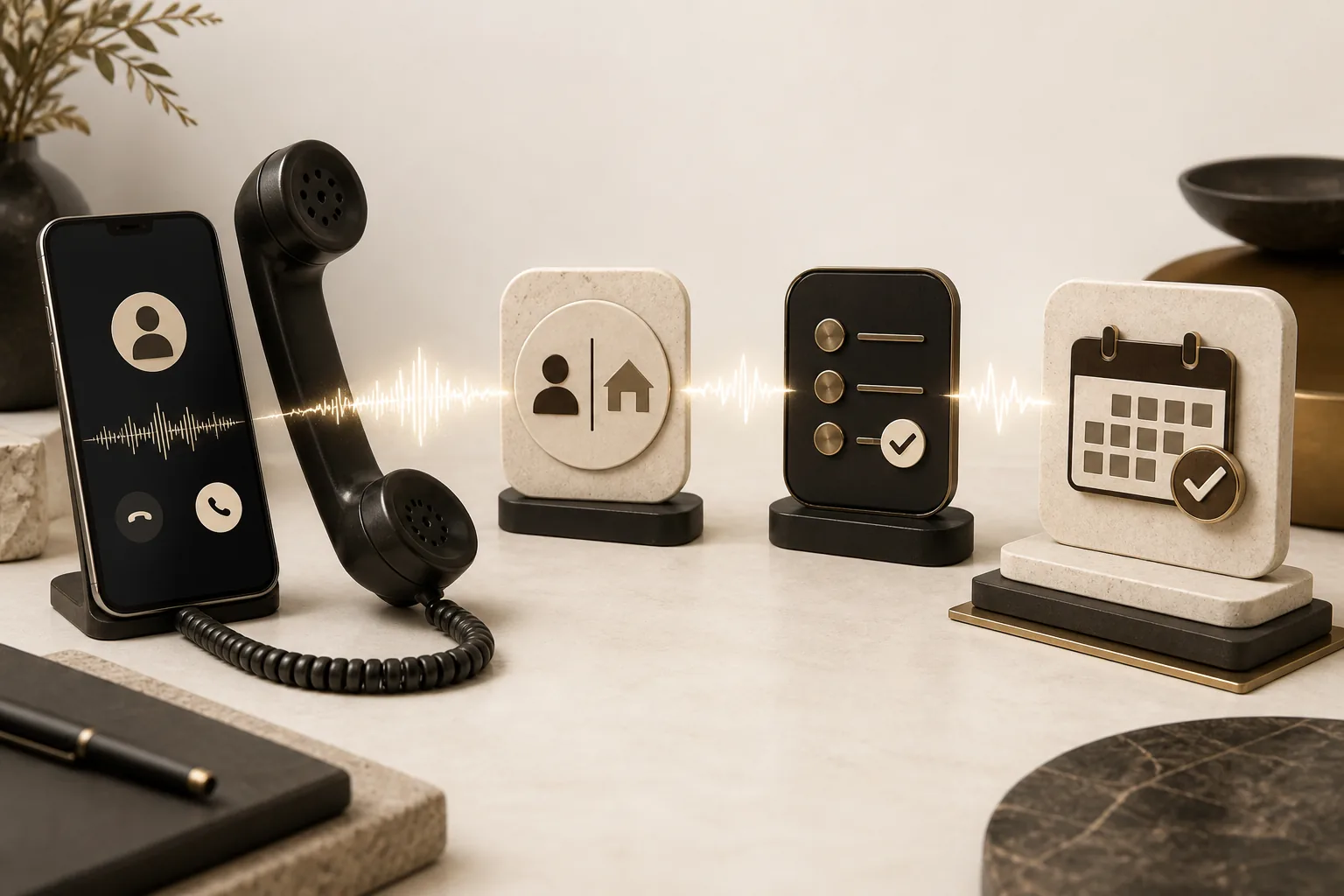 Illustration: an incoming call being answered, the caller qualified, and an appointment booked.