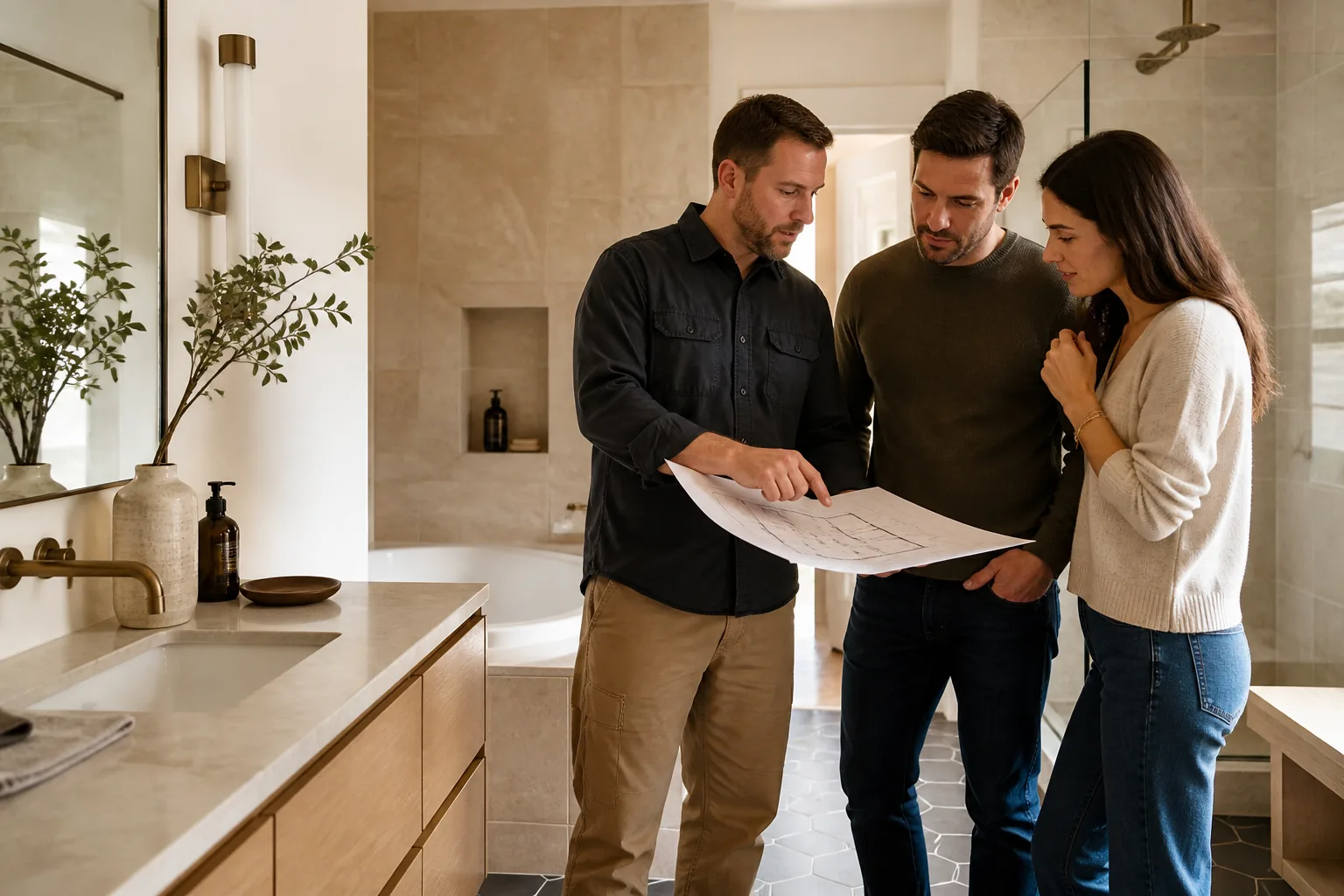 A bathroom remodeling contractor reviewing renovation plans with homeowners. Illustrative image.