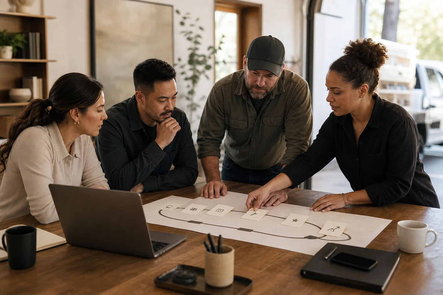 HBN growth team working with a service-business client to map the path from demand to booked revenue. Illustrative image.
