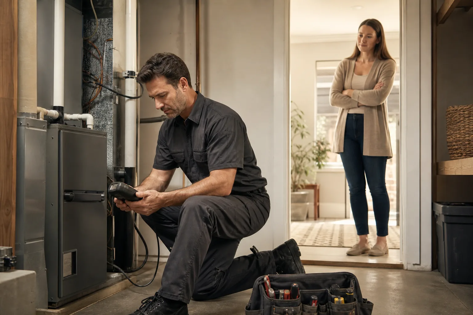 An HVAC technician inspecting residential heating equipment during a service visit. Illustrative image.