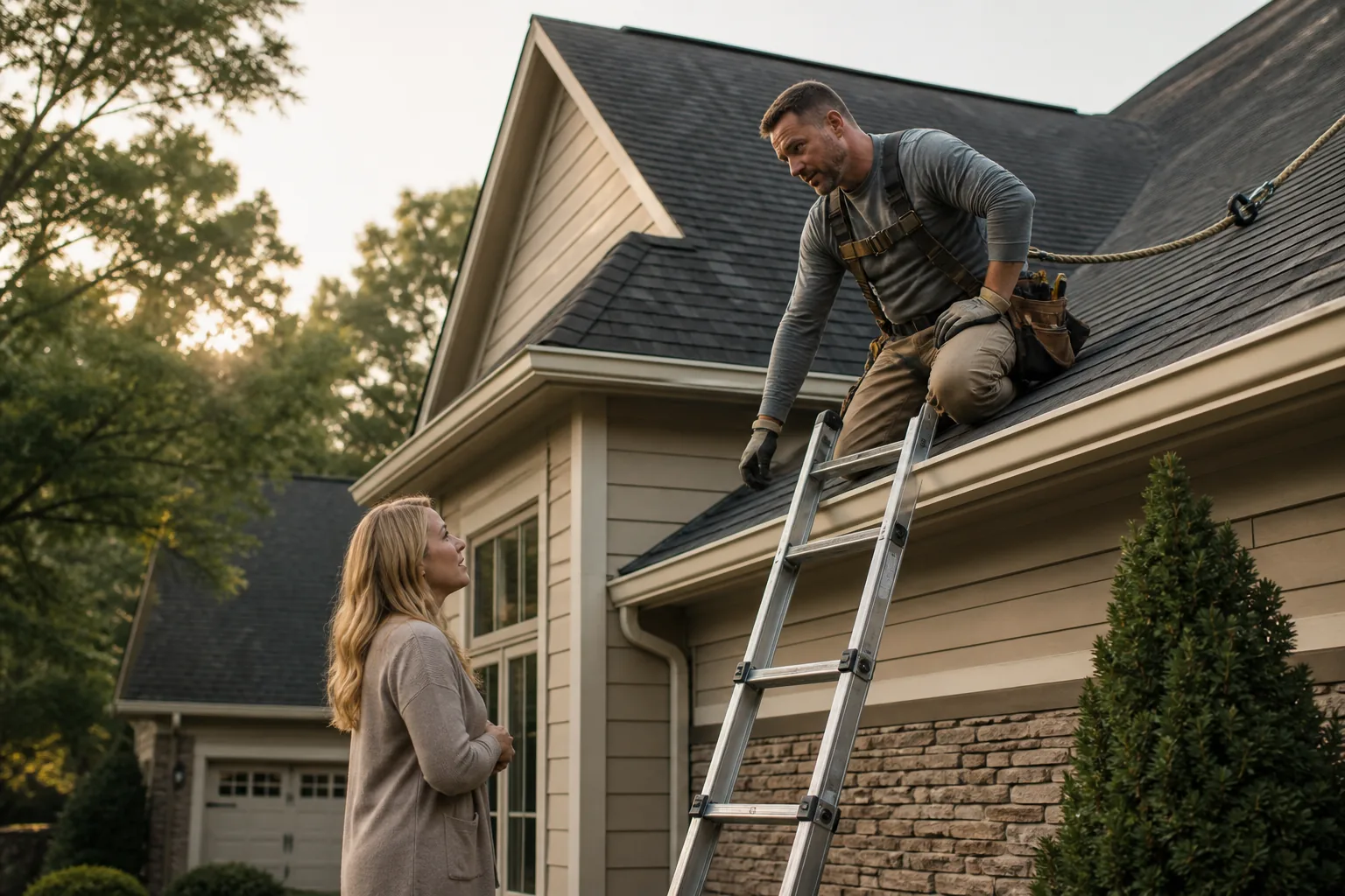 A roofing contractor inspecting a residential roof while speaking with the homeowner. Illustrative image.
