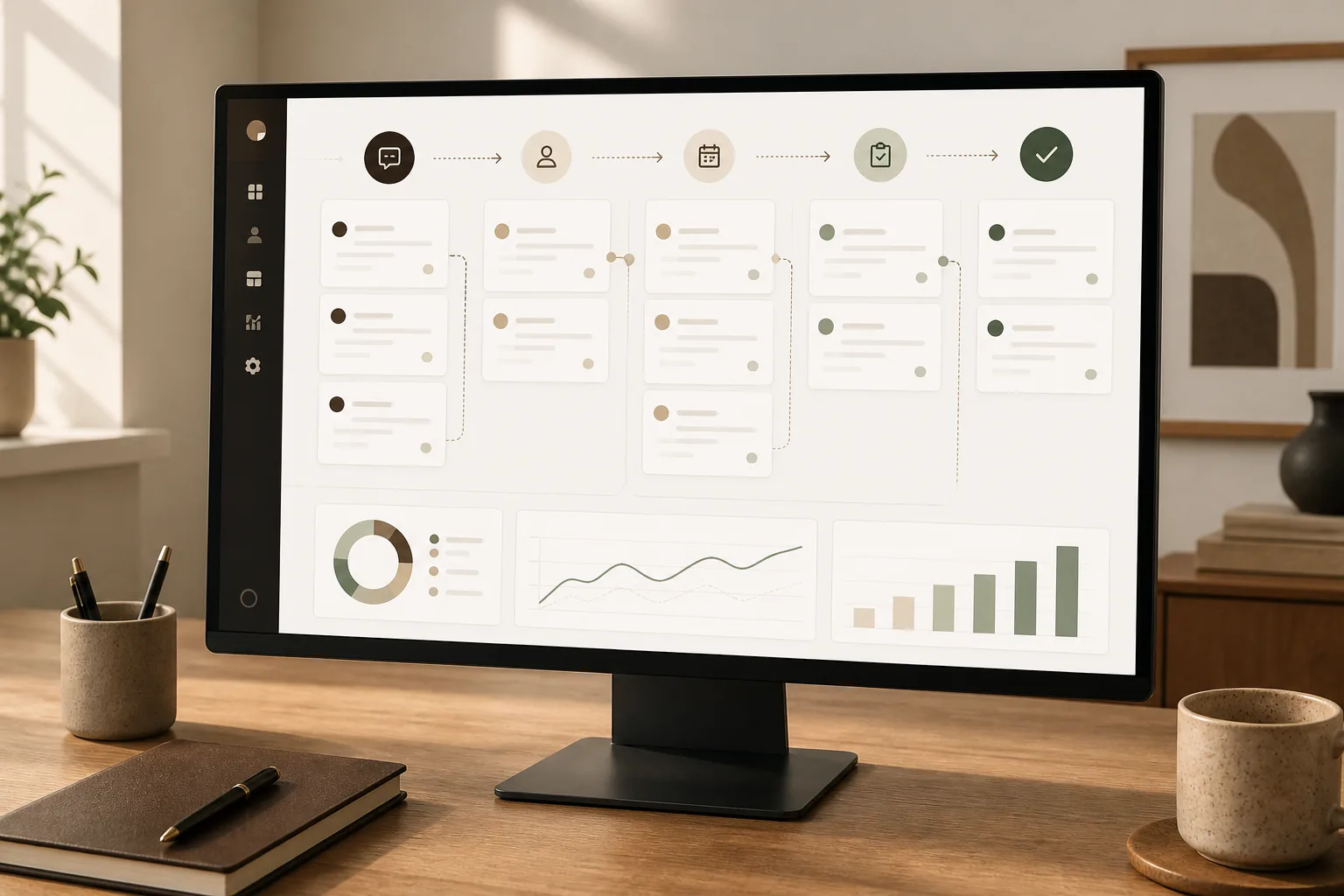 Illustration: a CRM pipeline routing leads from first response through booked jobs and reporting.